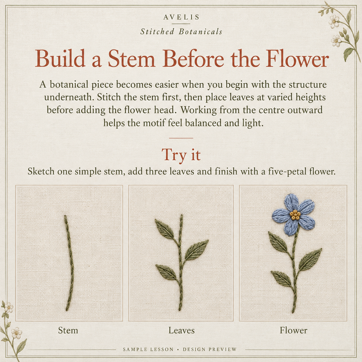 Sample lesson design from Stitched Botanicals: Build a Stem Before the Flower.