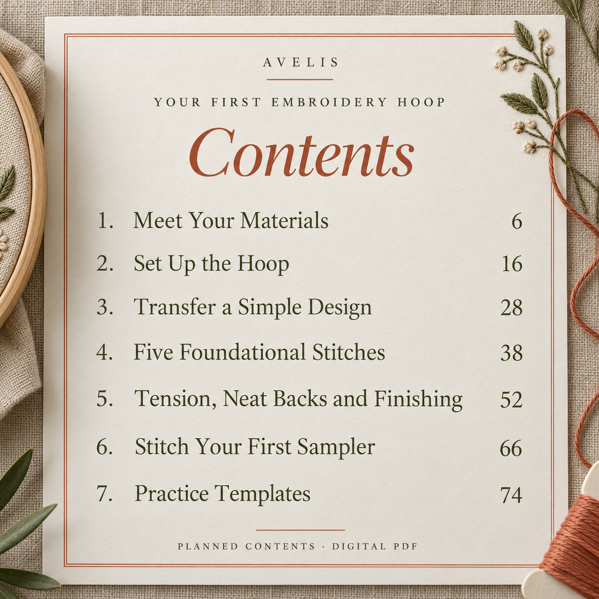 Planned contents for Your First Embroidery Hoop; the full chapter list follows in text.