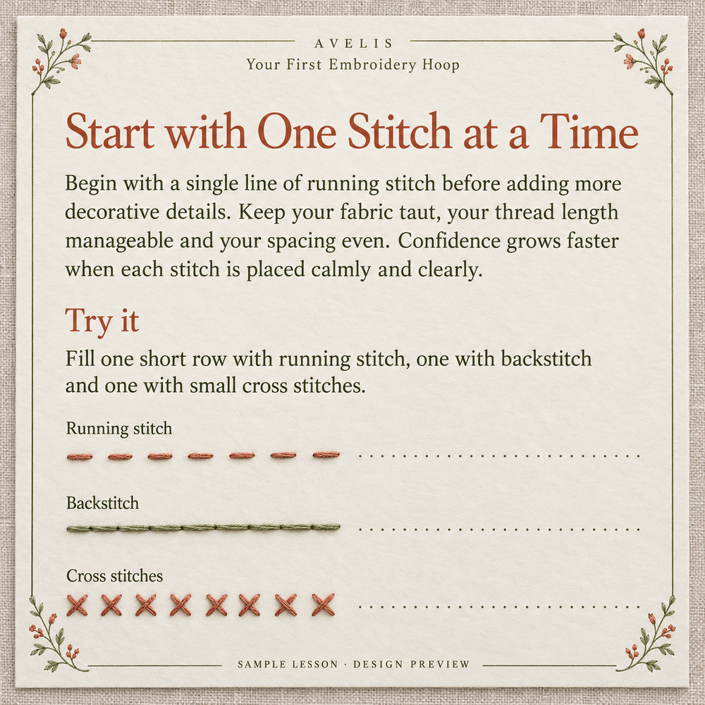 Sample lesson on practising running stitch, backstitch and small cross stitches.