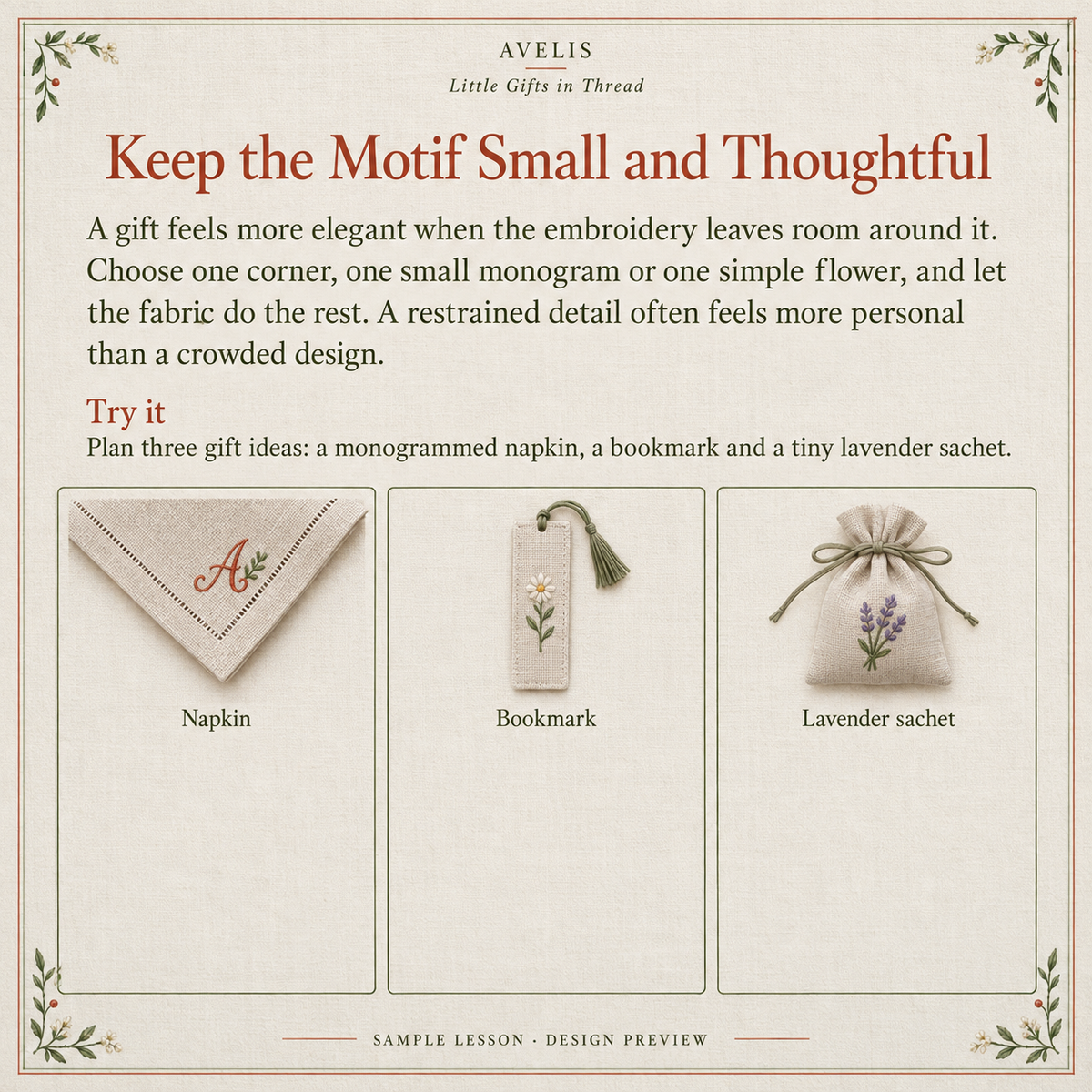 Sample lesson design from Little Gifts in Thread: Keep the Motif Small and Thoughtful.